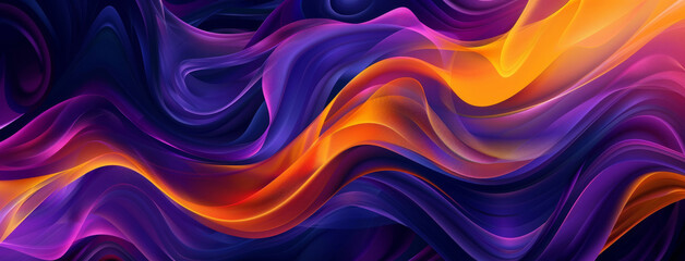 Neon, flow and smoke pattern or waves for banner, wallpaper or screen saver with glow color. Purple, orange and vaporwave for texture or digital connection, graphic and design for technology. - obrazy, fototapety, plakaty