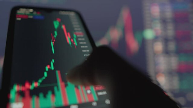 Learn how to ensure successful trades in the financial markets using the mobile trading platform. E-commerce online. This video shows hands holding a smartphone and managing trading charts effectively