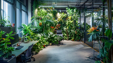Stylish Office Space Filled with Lush Greenery and Jungle Plants
