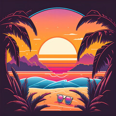 Neon Sunset Paradise: A Retro Journey to the 80s Beachscape