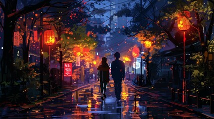 Romantic evening stroll in a vibrant, festive city street illuminated by lights