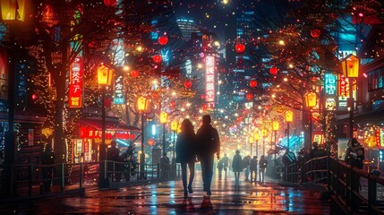 Romantic evening stroll in a vibrant, festive city street illuminated by lights - obrazy, fototapety, plakaty