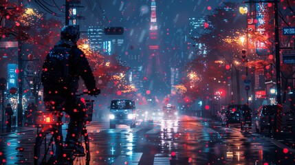 Pixel art cyclist on rainy city street illuminated with vibrant streetlights