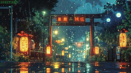 Futuristic neon-lit street with Asian-inspired lanterns and cityscape