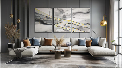 3-section wall painting prepared for room decoration and compositions, useful design for marble design. Picture examples for architectural interior design. Modern living room.