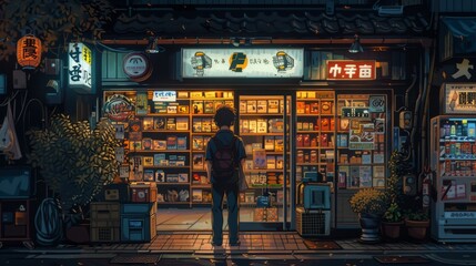 A serene nighttime scene of a lone visitor at a vibrant pixel art shop