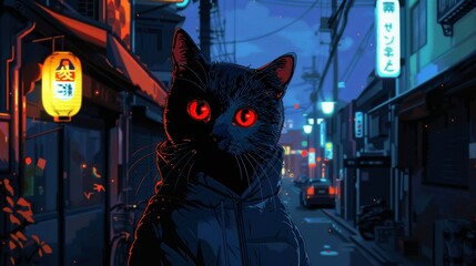 Neon-eyed street cat under the glow of a night-time cityscape in pixel art style - obrazy, fototapety, plakaty