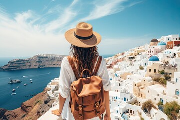 woman in traditional greek village Oia of Santorini, with blue domes against sea and caldera, Greece - obrazy, fototapety, plakaty