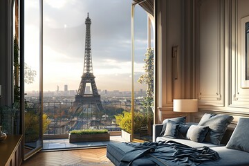 Room in Paris with eiffel tour in window , honeymoon or romantic holidays concept
