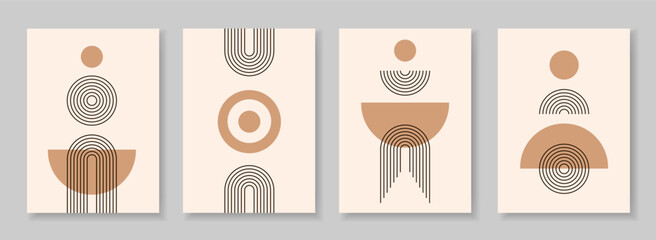 Set of abstract poster with zen geometric line arches and circle shapes composition. Linear outline retro paterns. Minimal boho simple vector illustration with editable stroke figures