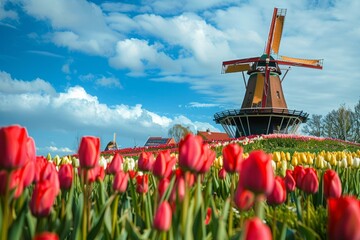 bright tulips field stripes with windmill in background, Holland landscape