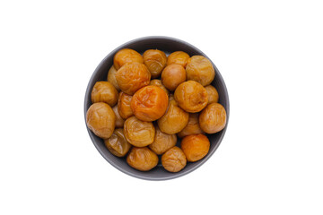Pickled plums on white background.