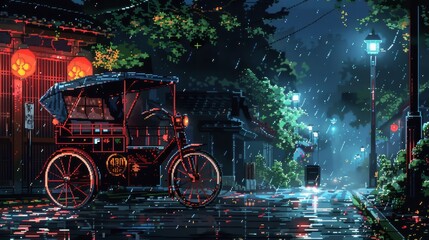 Colorful pixel art scene of a traditional Japanese rickshaw in a vibrant street setting - obrazy, fototapety, plakaty