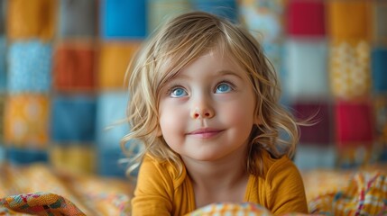 Close-up portrait of a young girl with blue eyes in a cozy room wearing a yellow dress