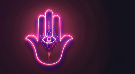 Neon Hamsa symbol on a purple background. Jewish symbol of positive energy happiness and prosperity. Greeting card with copy space.