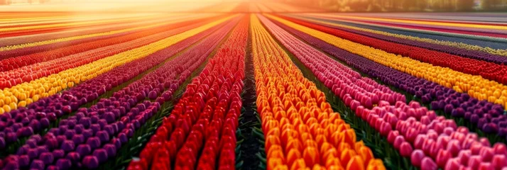 Schilderijen op glas bright tulips field stripes, Holland landscape © neirfy