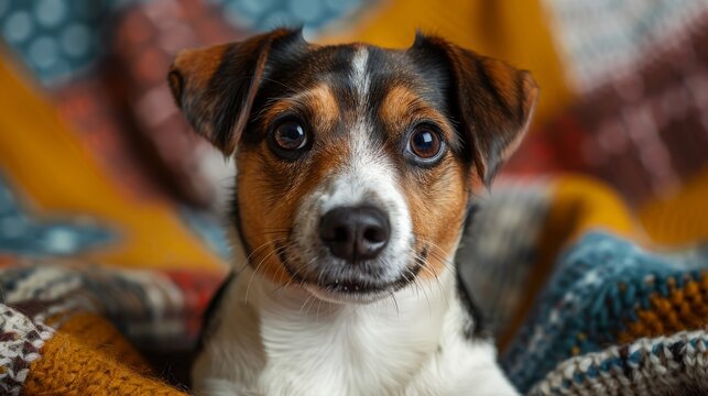 Close-up portrait of a Jack Russell Terrier with expressive eyes and colorful blanket