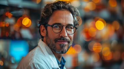 Confident male scientist standing in colorful lab with soft lighting