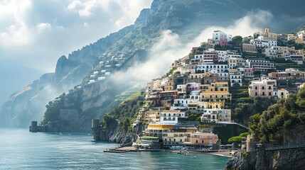 view of Positano town - famous old italian resort at summer day, Italy, retro toned - obrazy, fototapety, plakaty