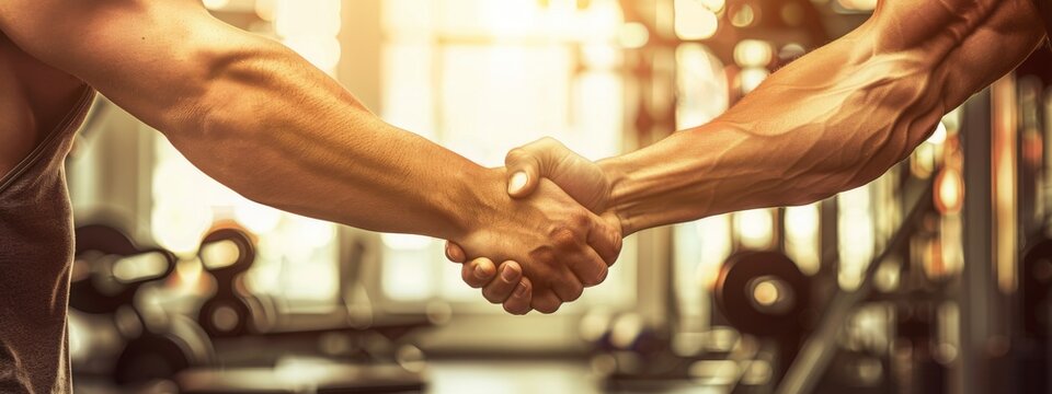 Fitness partners shaking hands as a gesture of teamwork and commitment in the gym