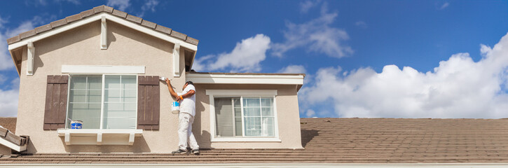 Banner of Busy House Painter Painting the Trim And Shutters of A Home. - 786688633