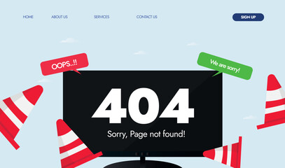 404 error. Error 404 on black screen cover banner, web page template with red traffic cones, speech bubbles: oops, we are sorry. System error, broken page template for website.