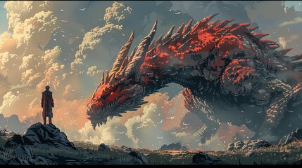 Epic dragon confronts a lone figure amid scenic cloudscape, pixel art style - obrazy, fototapety, plakaty