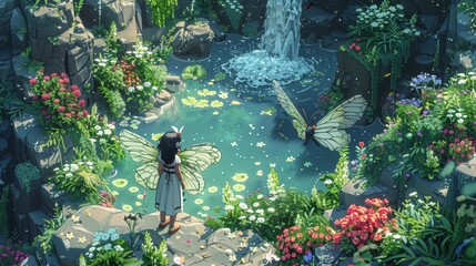 Enchanting pixel art of a fairy in a vivid garden with a flowing river and lush landscape - obrazy, fototapety, plakaty