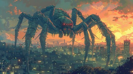 Pixel art of a giant spider looming over a dystopian cityscape