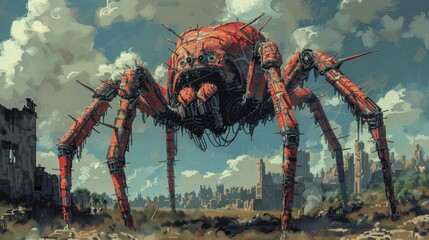 Pixel art of a giant spider looming over a dystopian cityscape - obrazy, fototapety, plakaty