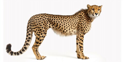 Cheetah isolated on white background, standing and looking at the camera.