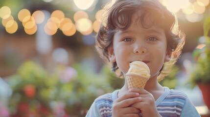 Happy cute little Latino boy eating an ice cream on sunshine beach with large copy space, concept of delight in summer vacation, travel, sweet summer time. - obrazy, fototapety, plakaty