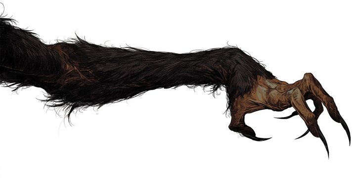 Creepy hairy monster claw isolated on white background, to catch, to grab, to kill, for Halloween card, poster concept.