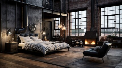 Industrial bedroom with dark wooden floors