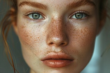 Close-up of freckles on soft skin, perfect for skincare branding and cosmetic campaigns., freckles, individuality, skin, makeup, youthful, look