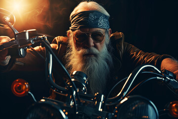 Aged biker with long beard posing on motorcycle. Generative AI image