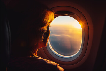 Gazing through airplane window at sunset. Generative AI image
