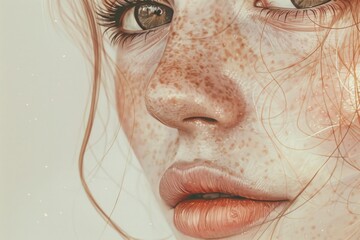 The charm of a freckled, red-haired woman, captured for makeup and skincare branding., illustration, copy space, freckles, individuality, skin, makeup, youthful, look