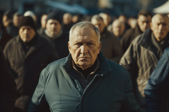 Elderly man standing out in a crowd of people. Generative AI image