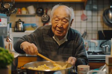 Elderly man cooking meal in home kitchen. Generative AI image