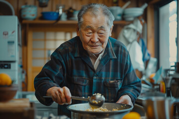 Elderly man preparing food with a smile in a homey kitchen. Generative AI image