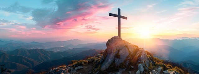 A cross on top of the mountain at sunset. Easter. Crucifixion of Jesus Christ - obrazy, fototapety, plakaty