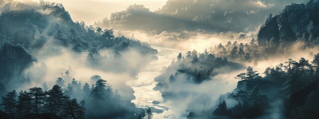 Majestic River Flowing through Enchanting Forest with Misty Fog Atmosphere - obrazy, fototapety, plakaty