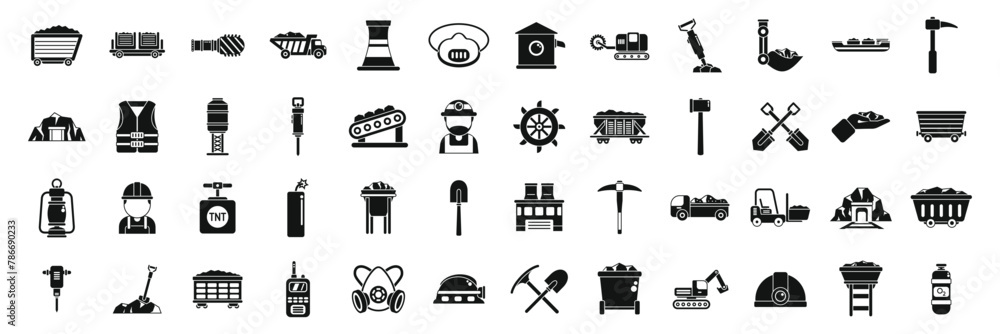 Poster Coal mining icons set simple vector. Mine factory. Rock energy fossil