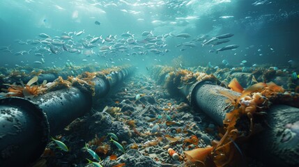 A bustling underwater scene with schools of fish swimming above seabed pipelines covered in marine flora. - obrazy, fototapety, plakaty