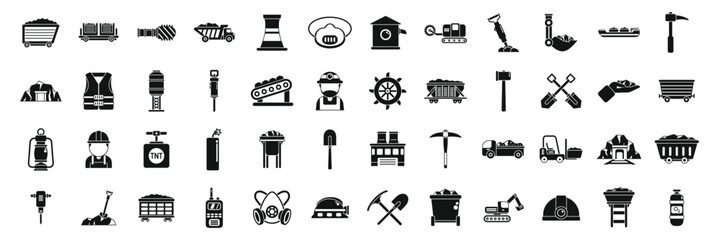 Coal mining icons set simple vector. Mine factory. Rock energy fossil