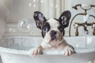 Adorable French Bulldog puppy enjoying a bubble bath. Generative AI image