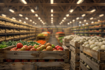 Fresh produce displayed in a supermarket aisle. Generative AI image