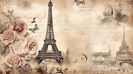 cozy Paris street with view on the famous Eiffel Tower, Paris France, vintage postcards