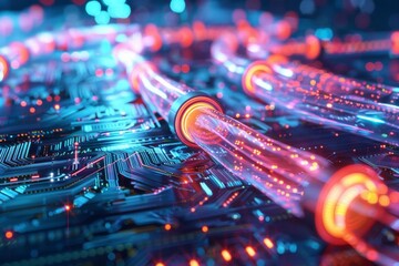 futuristic optical fiber cables on abstract technology circuit board background 3d illustration - obrazy, fototapety, plakaty
